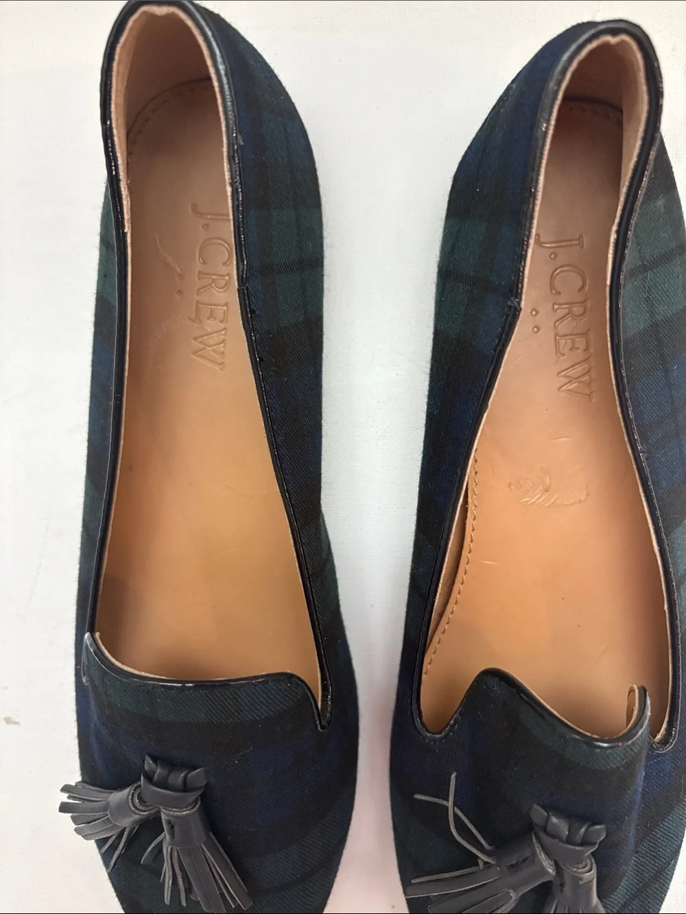 J. Crew Tartan Plaid Tassel Smoking Loafers Navy Green 6.5